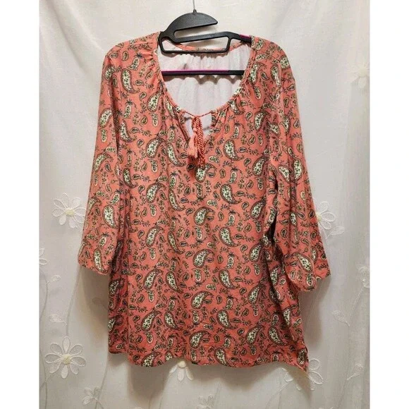 Belle Kim Gravel Womens XL Peach Blouse Paisley Stretchy Boho Cottage Peasant - Picture 1 of 14
